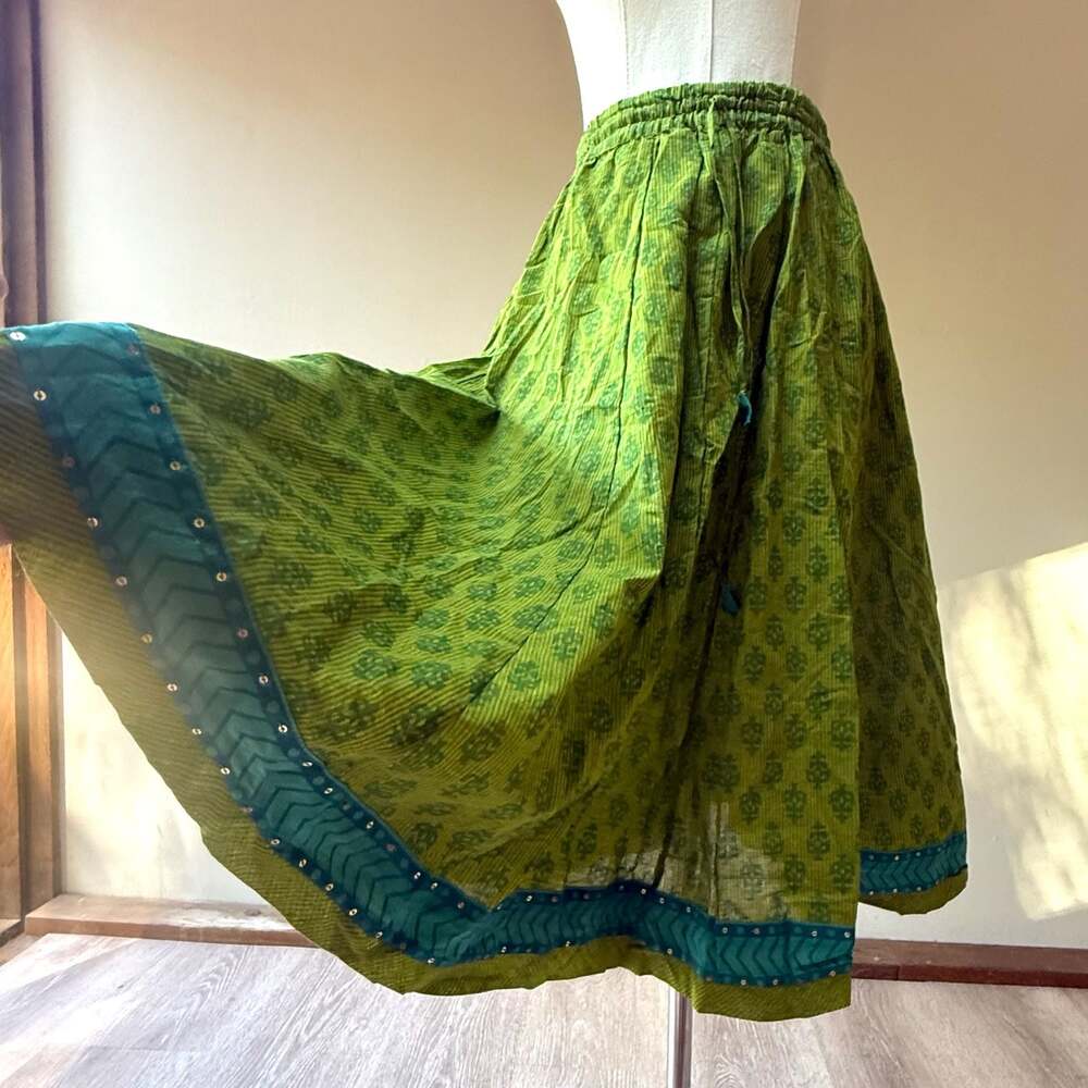 Green Block Print Cotton A-Line Skirt with Sequined Border